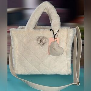NEW NWT JUICY COUTURE “Lets Get Cozy” Faux Fluffy Fur Large Tote Bag Angel White